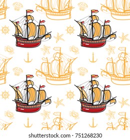 Old sailing ship. Seamless marine pattern with sailing ships. Vector nautical illustration. Retro seamless background. For wrapping paper, fabric, textile print.