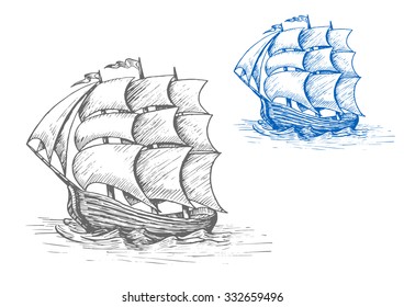 Old sailing ship sketch with billowing sails and flags in stormy waves, for marine adventure or nautical design