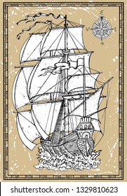 Old sailing ship under full sails with compass on texture background. Vector nautical illustration, historical adventure concept, t-shirt graphic design