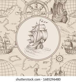 Old sailing ship. Vector abstract seamless pattern on the theme of travel, adventure and discovery and pirates. Vintage repeating background with hand-drawn ship boats, anchors, wind rose and ship 
