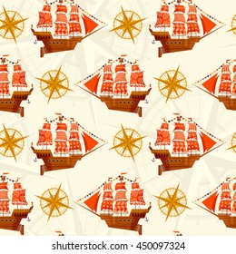 Old sailing ship and wind rose. Nautical Collection. Seamless background pattern. Vector illustration