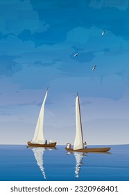 Old sailing ships fishing on the open sea composition, seascape background vector illustration