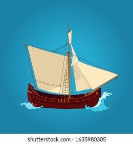 Old sailing ships with the waves. Vector illustration on blue background
