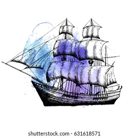 Old sailing vessel under full sails and flags on masts silhouettes for sailing sport, ocean cruise, marine trip, regatta design.