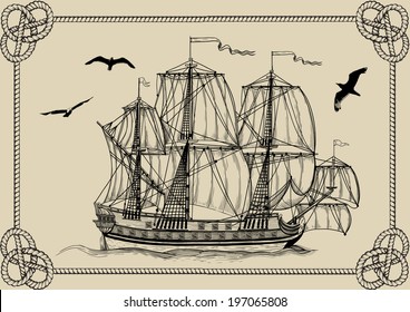 Old sailing warship in frame of rope on a beige background