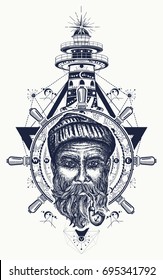 Old sailor, anchor, steering wheel, compass, lighthouse, tattoo art. Symbol of maritime adventure, tourism, travel 