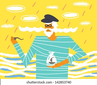 Old sailor with a big mustache and a ship in a bottle. Vector illustration