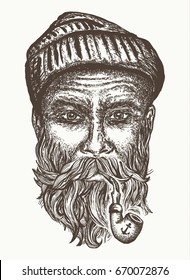 Old sailor, captain portrait hand drawn. Old man smoking pipe t-shirt design print