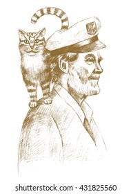 Old sailor with a cat drawn by hand