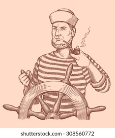 Old sailor. Hand drawn engraving. Vector illustration. 8 EPS