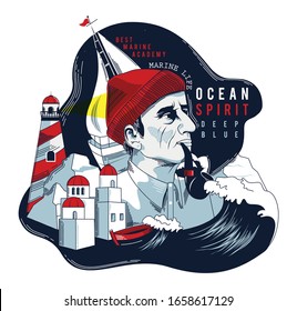 Old sailor, lighthouse, marine. Symbol of maritime adventure, tourism, travel