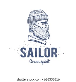 Old sailor logo or label. Seaman with a beard. Hand drawn illustration. Hipster logotype. Profile view. Vintage design.