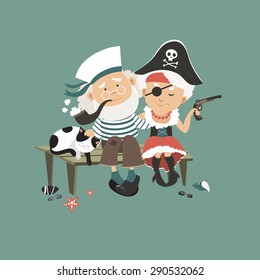 Old sailor sitting on bench with his beloved pirate. Vector illustration