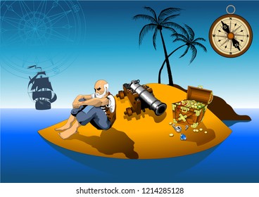 An old sailor in a torn uniform sits sad by the sea