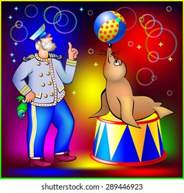 Old sailor training seal to juggle ball,  vector cartoon image