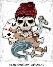 Old sailor.skull illustration.tattoo design.