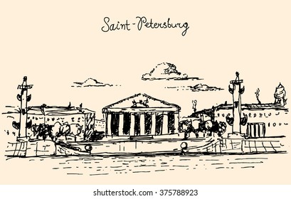 Old Saint Petersburg Stock Exchange with Rostral columns / Russia  vintage vector engraved illustration, hand drawn.