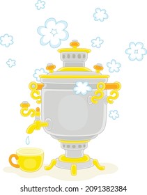 Viejo samovar con agua hirviendo en nubes de vapor para una fiesta tradicional de té, ilustración vectorial de dibujos animados sobre un fondo blanco