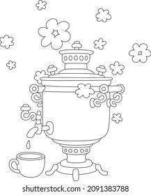 Old samovar with boiling water in clouds of steam for a traditional tea party, black and white vector cartoon illustration for a coloring book page