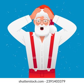 Old Santa Claus clutched his head in surprise. Santa in a stylish suit is terrified. New Year greeting card. Vector illustration on a blue background.