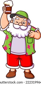 The old santa claus is doing the party with the root beer in the beach club of illustration