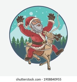 Old santa claus rides a deer when it is snowing premium vector