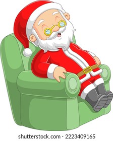 The old Santa claus is sitting and sleeping on the big comfortable sofa of illustration