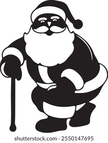 Old Santa Claus walking wears a Santa cap silhouette vector illustration icon. Black and white Christmas Santa hat party celebration on holiday.