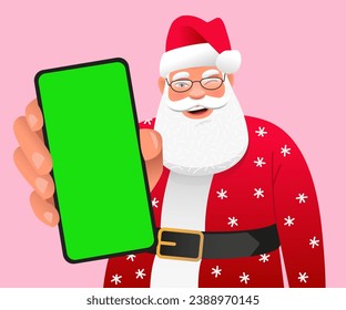 Old Santa Claus winks with a smartphone in his hand. Cute Santa shows a green phone screen to the camera in close-up. Place to advertise a mobile app. Vector illustration. svg