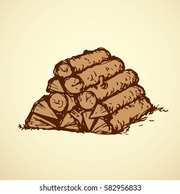 Old sawn fuelwood billet stock for burn isolated on white backdrop. Outline brown ink hand drawn picture object sketch in doodle vintage style. Closeup view with space for text