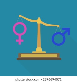 Escala antigua en desequilibrio entre el peso a favor del símbolo masculino azul con el símbolo hembra rosa sobre un fondo azul con sombra en un diseño plano