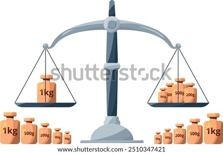 Old scale with metal calibration weights cartoon icon
