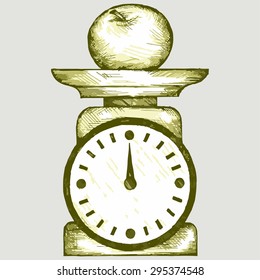 Old scales with apple. Vector Image