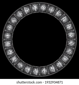 Old Scandinavian design. Circle of Nordic signs - Rune, isolated on black, vector illustration