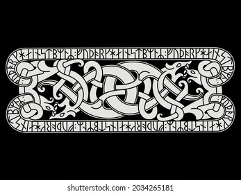 Old Scandinavian design. Interlaced dragons pattern and runic symbols of ancient Scandinavia, isolated on black, vector illustration