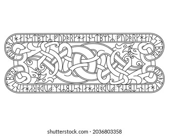 Old Scandinavian design. Interlaced dragons pattern and runic symbols of ancient Scandinavia, isolated on white, vector illustration