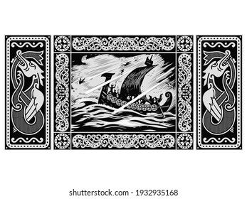 Old Scandinavian design. Norse Warrior Berserker, Viking Ship Drakkar and the winged dragon, isolated on white, vector illustration