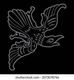 Old Scandinavian design. Stylized Raven in Celtic Scandinavian style, isolated on black, vector illustration
