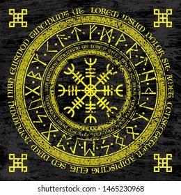Old scandinavian runic grunge circle symbol isolated on black background