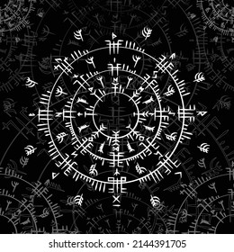 Old scandinavian runic grunge circle symbol isolated on black background. Abstract white symbols of norse cultures