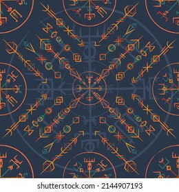Old scandinavian runic grunge circle symbol isolated on black background. Abstract black symbols of norse cultures