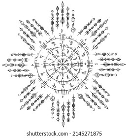 Old scandinavian runic grunge circle symbol isolated on dark background. Abstract colorful symbols of norse cultures