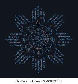 Old scandinavian runic grunge circle symbol isolated on dark background. Abstract colorful symbols of norse cultures