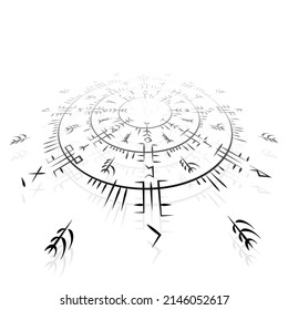Old scandinavian runic isometric circle symbol isolated on white background. Abstract black symbols of norse cultures in perspective with gradient fill