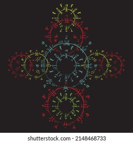 Old scandinavian runic isometric circle symbol isolated on black background. Abstract color symbols of norse cultures