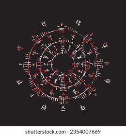 Antiguo símbolo escandinavo de círculo escurridero isométrico aislado en el fondo negro. Símbolos blancos abstractos de culturas nórdicas con un patrón de sangre roja