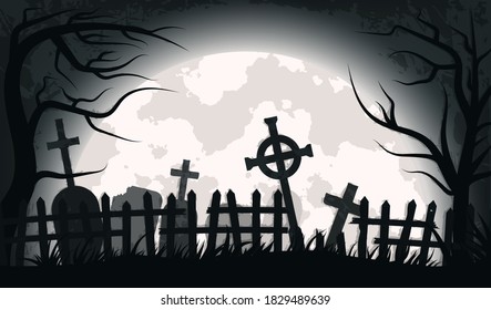 Old scary cemetery with gravestones and crosses. Special for Halloween. EPS 10