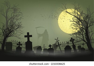 Old scary cemetery with gravestones and crosses. Special for Halloween. EPS 10