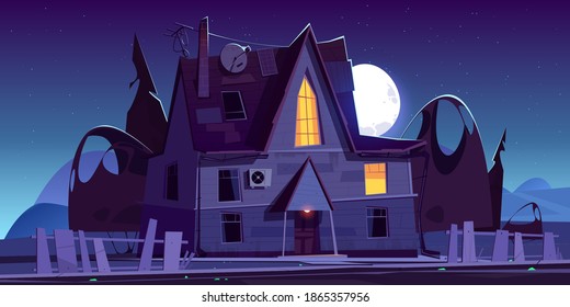 Old scary house with glow windows at night. Vector cartoon landscape with spooky wooden mansion, broken fence, dark silhouettes of trees and moon in sky. Halloween creepy illustration of witch house