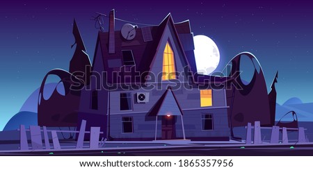 Old scary house with glow windows at night. Vector cartoon landscape with spooky wooden mansion, broken fence, dark silhouettes of trees and moon in sky. Halloween creepy illustration of witch house